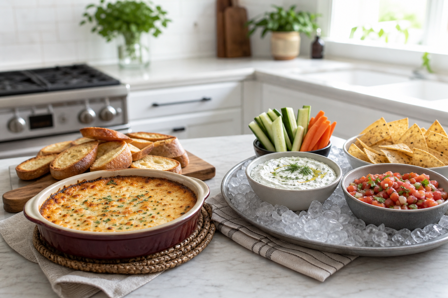 Kitchen counter with warm baked dip on one side and chilled dips with vegetables and chips on the other.