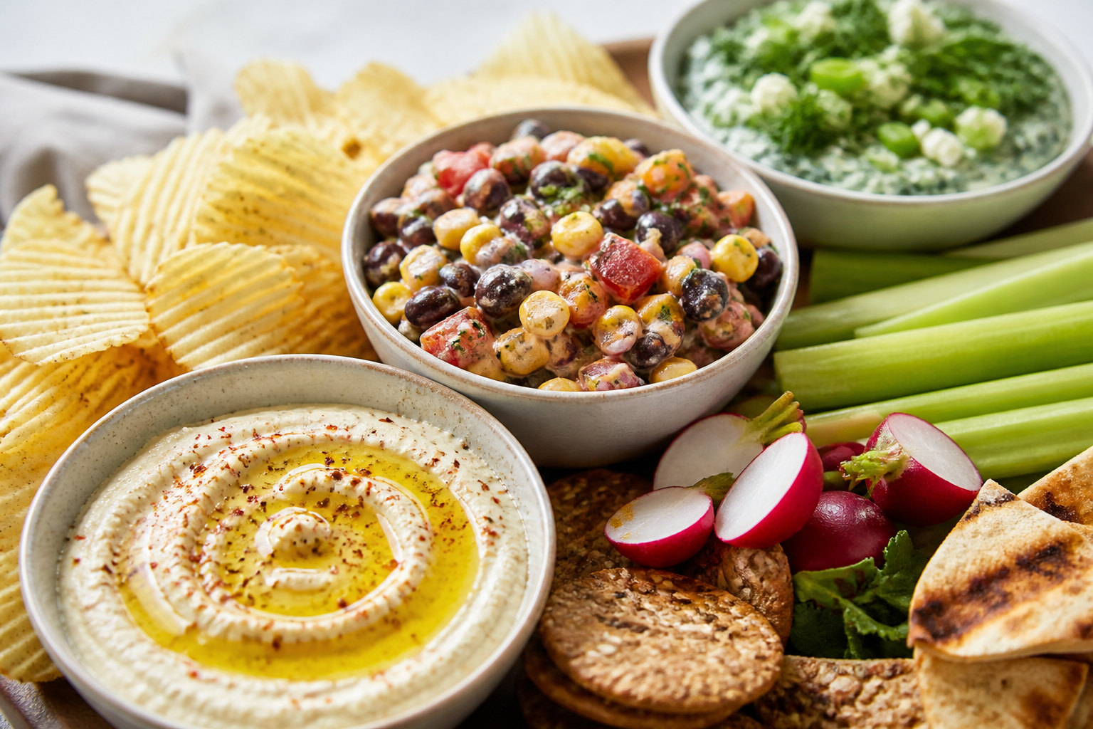 Close-up of creamy, chunky, and herb-topped dips with chips, crackers, and fresh vegetable dippers.