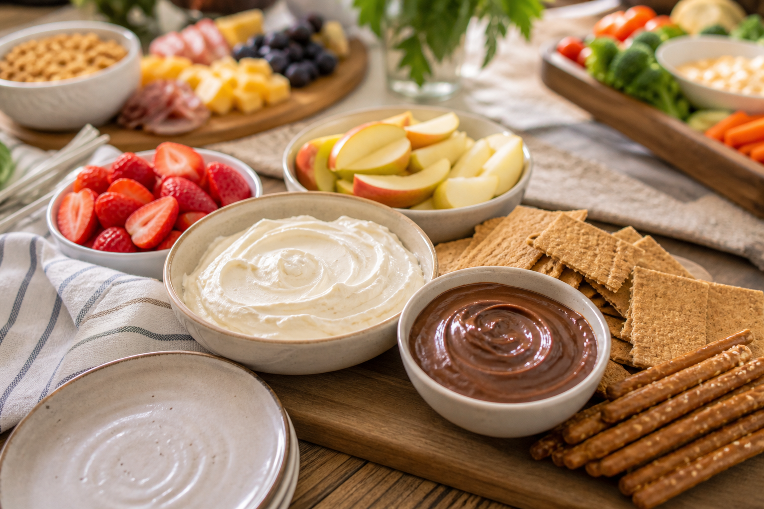 Sweet party dip with fruit, pretzels, and crackers arranged on a dessert section of a grazing table.
