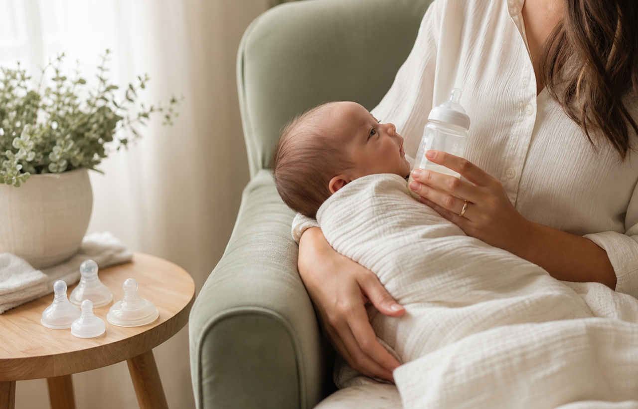 Caregiver holding a baby bottle near a swaddled infant with different bottle nipples on a side table.