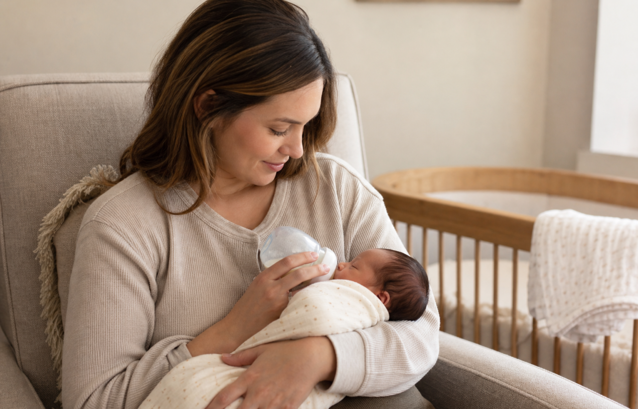 A parent breastfeeds a newborn in a softly lit nursery chair.