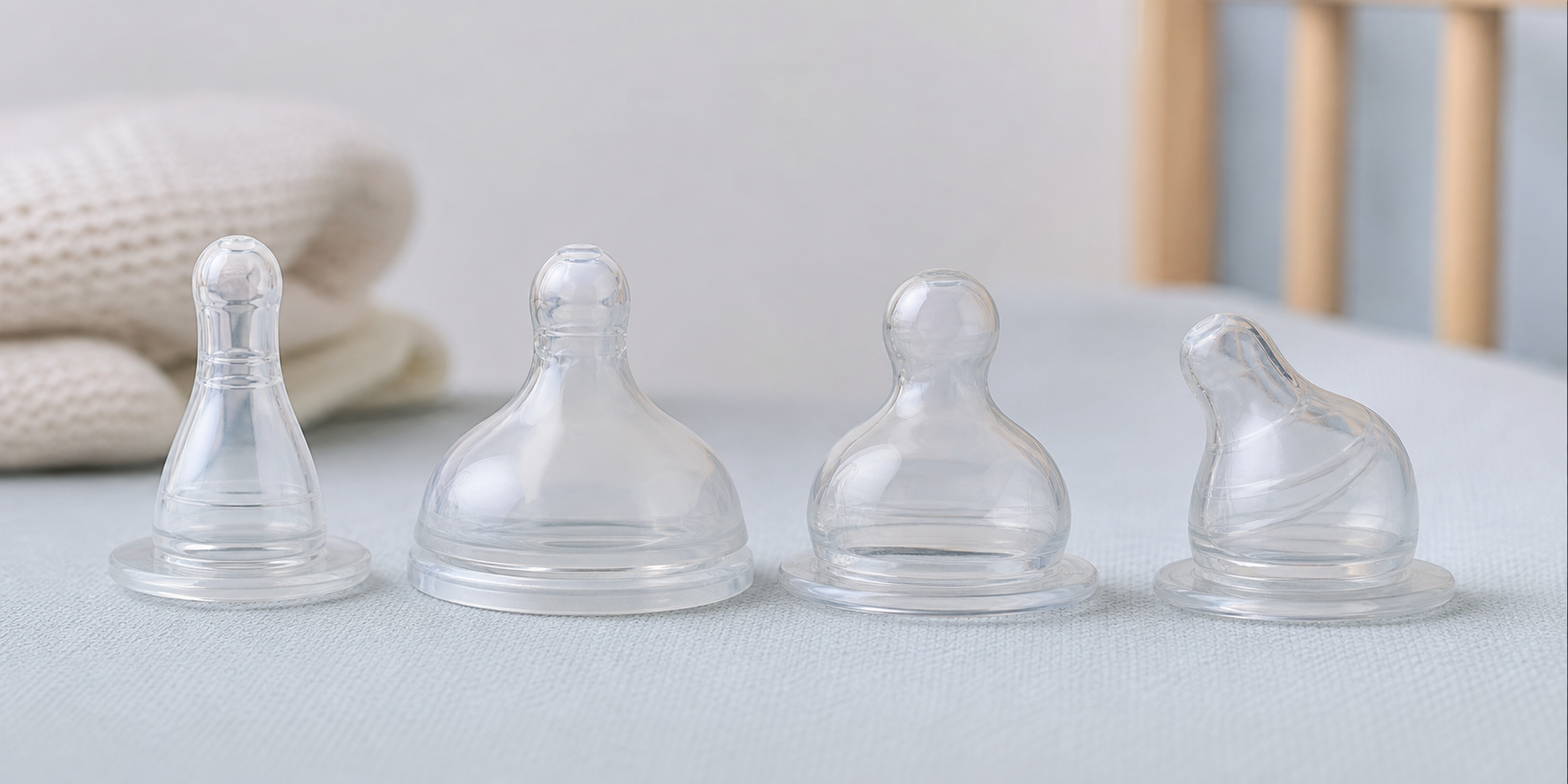 Several bottle nipples with different shapes arranged on a pale mat.