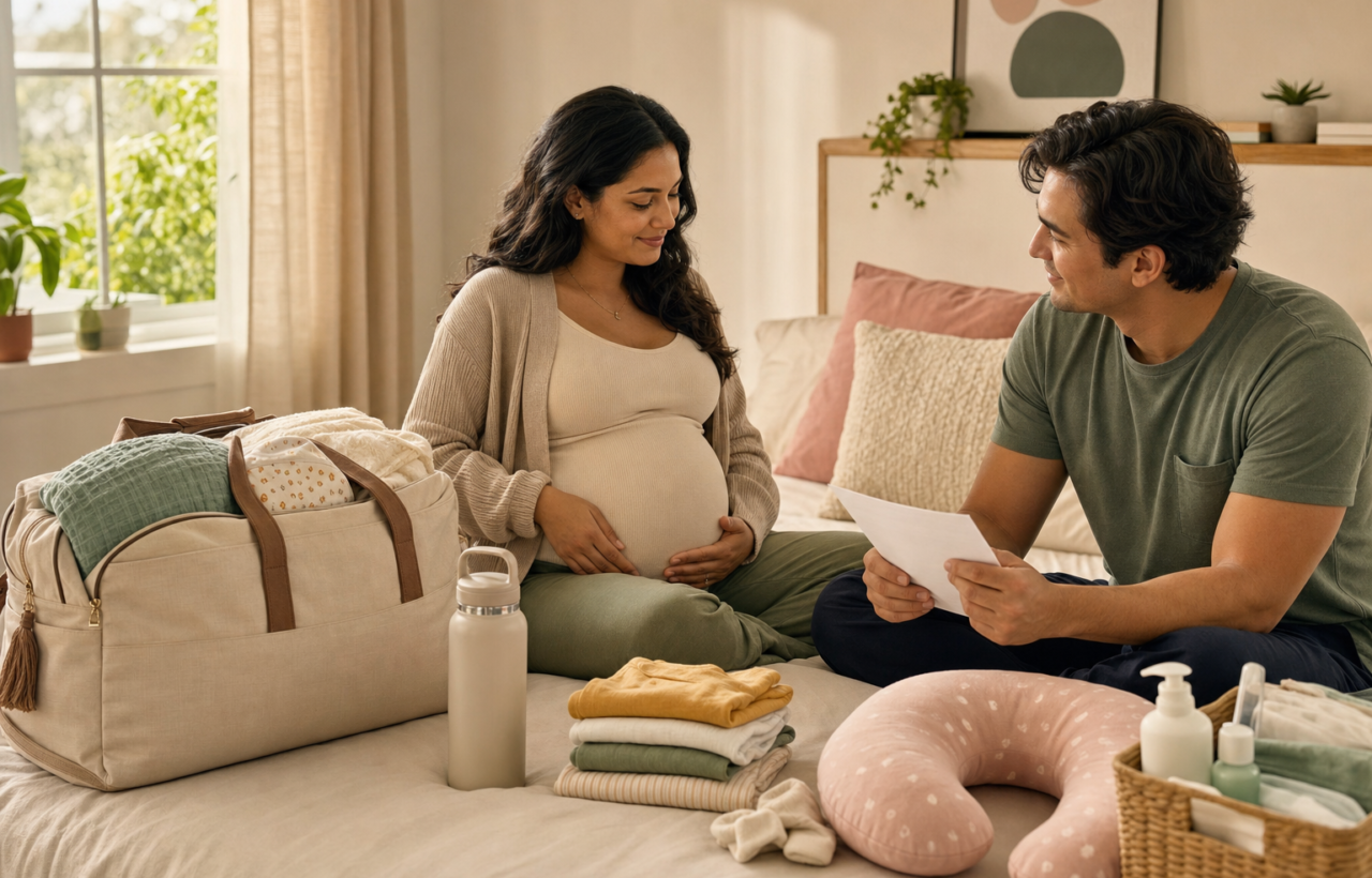 A pregnant person and support person sit in a bedroom with a hospital bag, baby clothes, and postpartum supplies nearby.