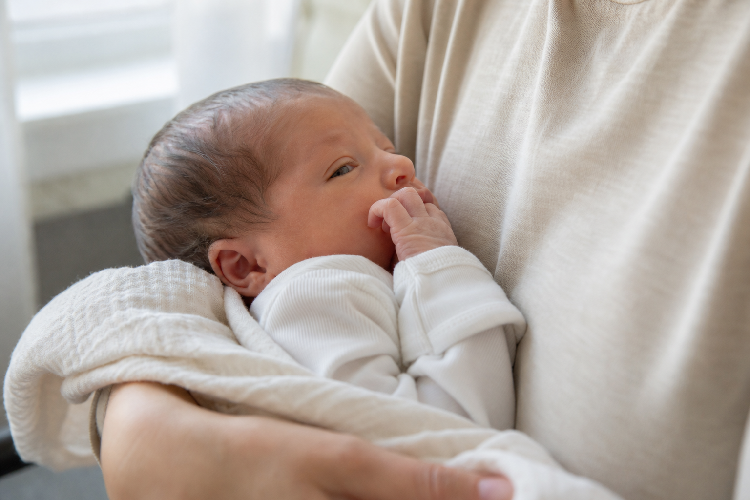 A newborn rests against a parent's chest with a hand near the mouth, suggesting early feeding cues.