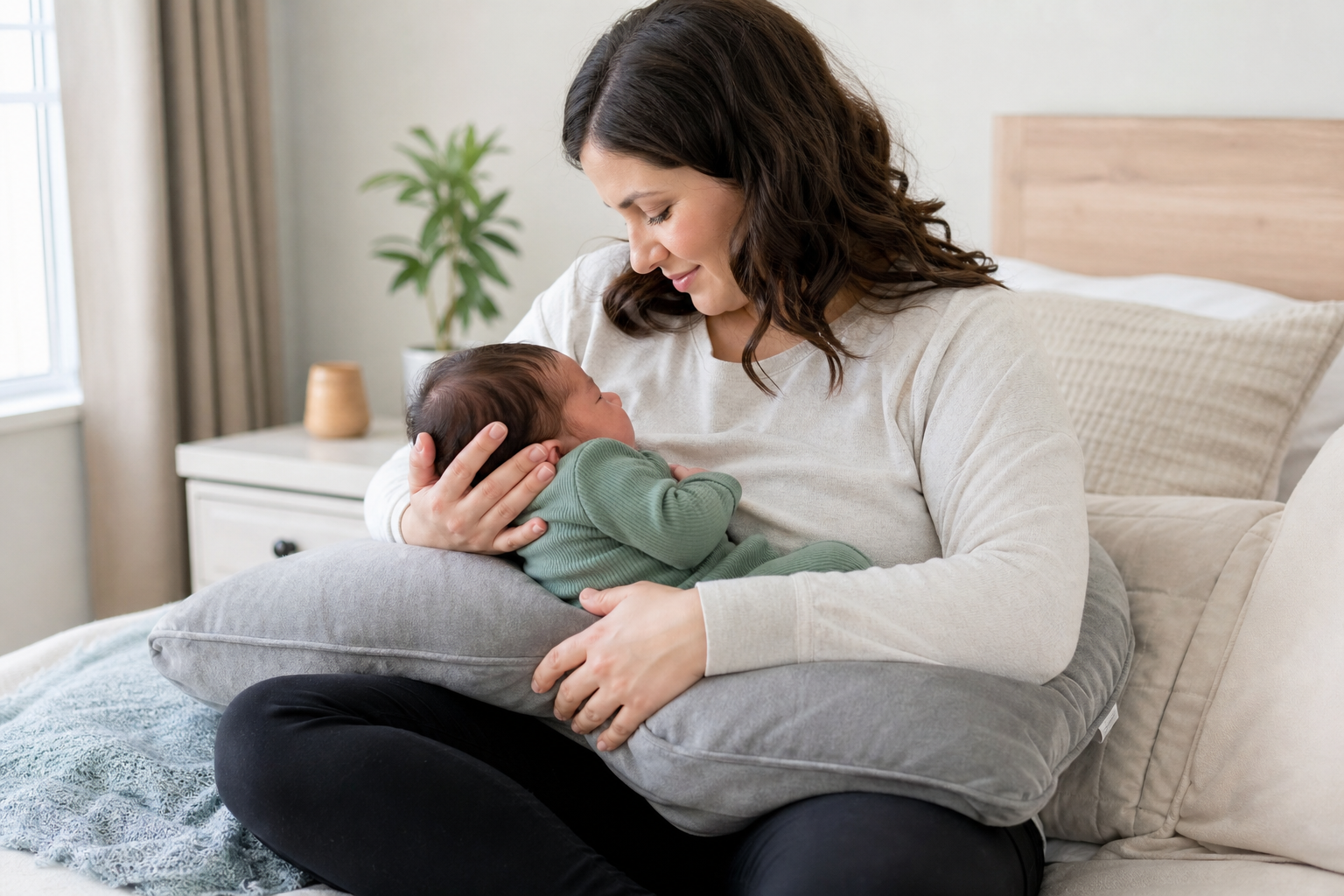 A parent uses pillows to support a newborn in an aligned breastfeeding position.