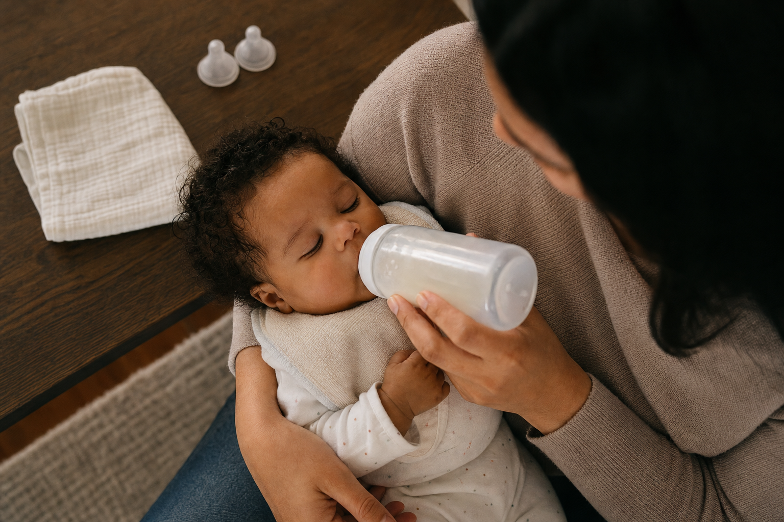 Caregiver watching a calm baby while feeding with a bottle at a gentle angle.