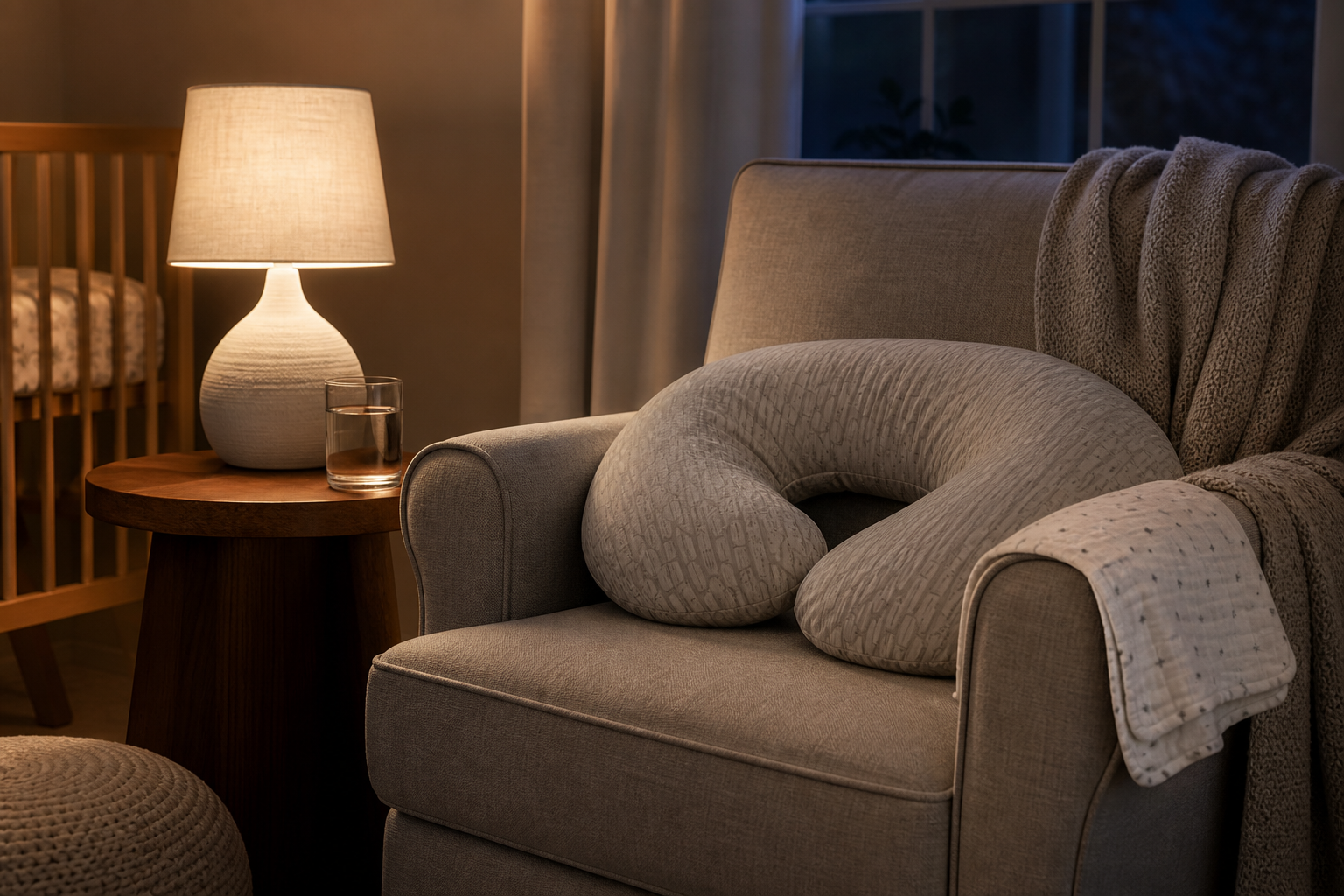 A nursing pillow, burp cloth, water glass and blanket are arranged beside a nursery chair.
