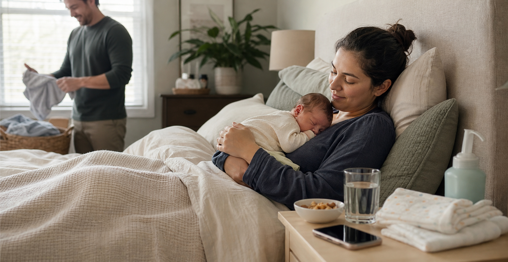 A postpartum parent rests in bed holding a newborn while a support person folds laundry nearby.