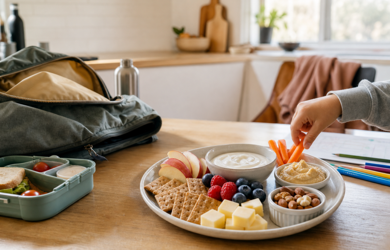 After-school snack plate with fruit, crackers, cheese, yogurt, hummus, carrots and nuts in a warm family kitchen