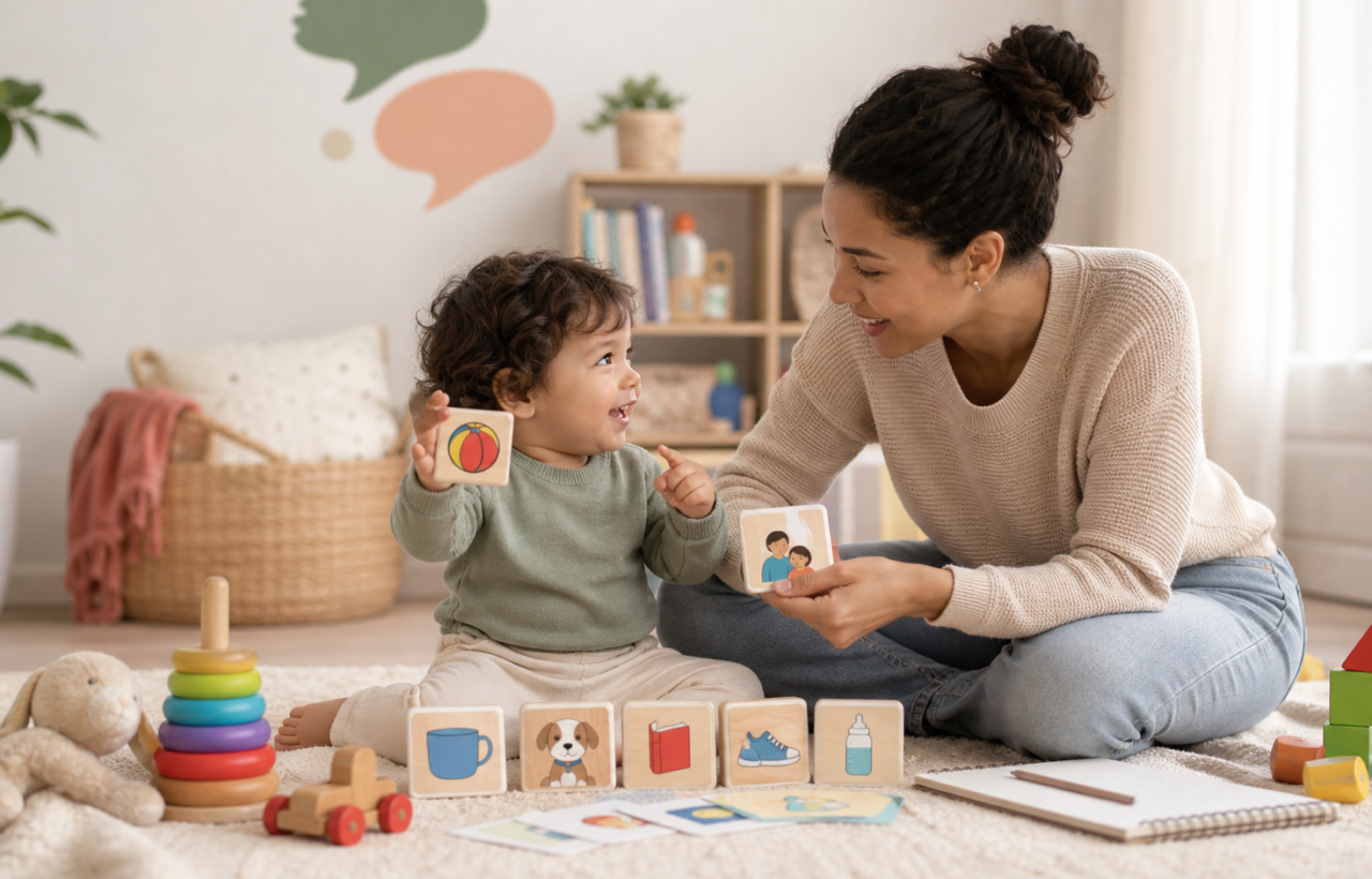 Parent and toddler playing with picture cards in a cozy playroom