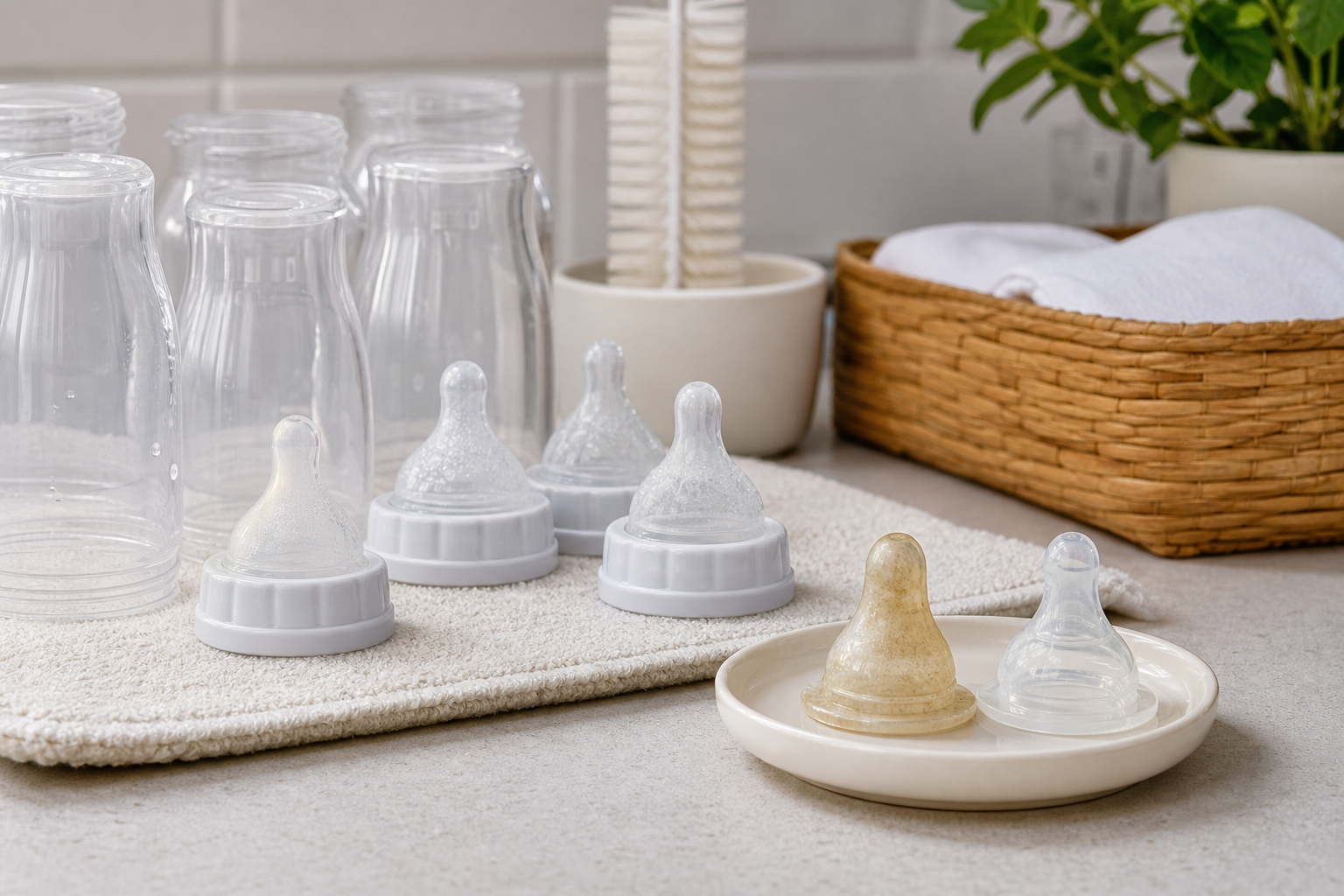 Clean bottle nipples and bottles on a nursery counter with one worn nipple set aside.