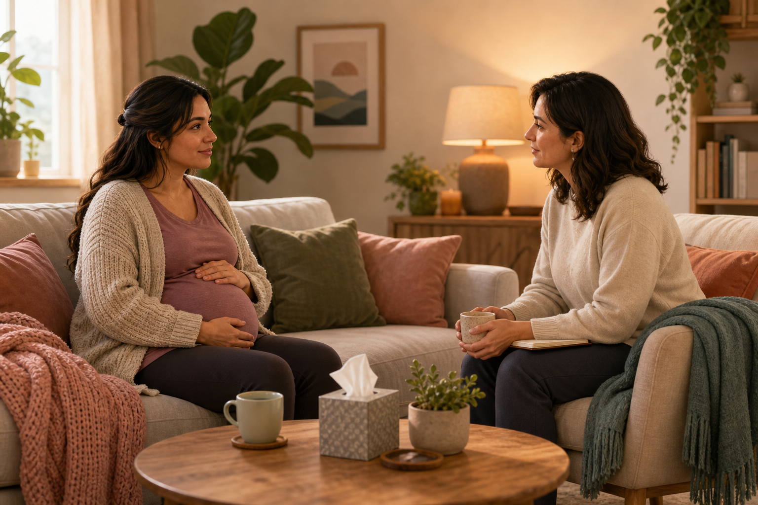 A pregnant person talks with a supportive counselor in a quiet living room setting.