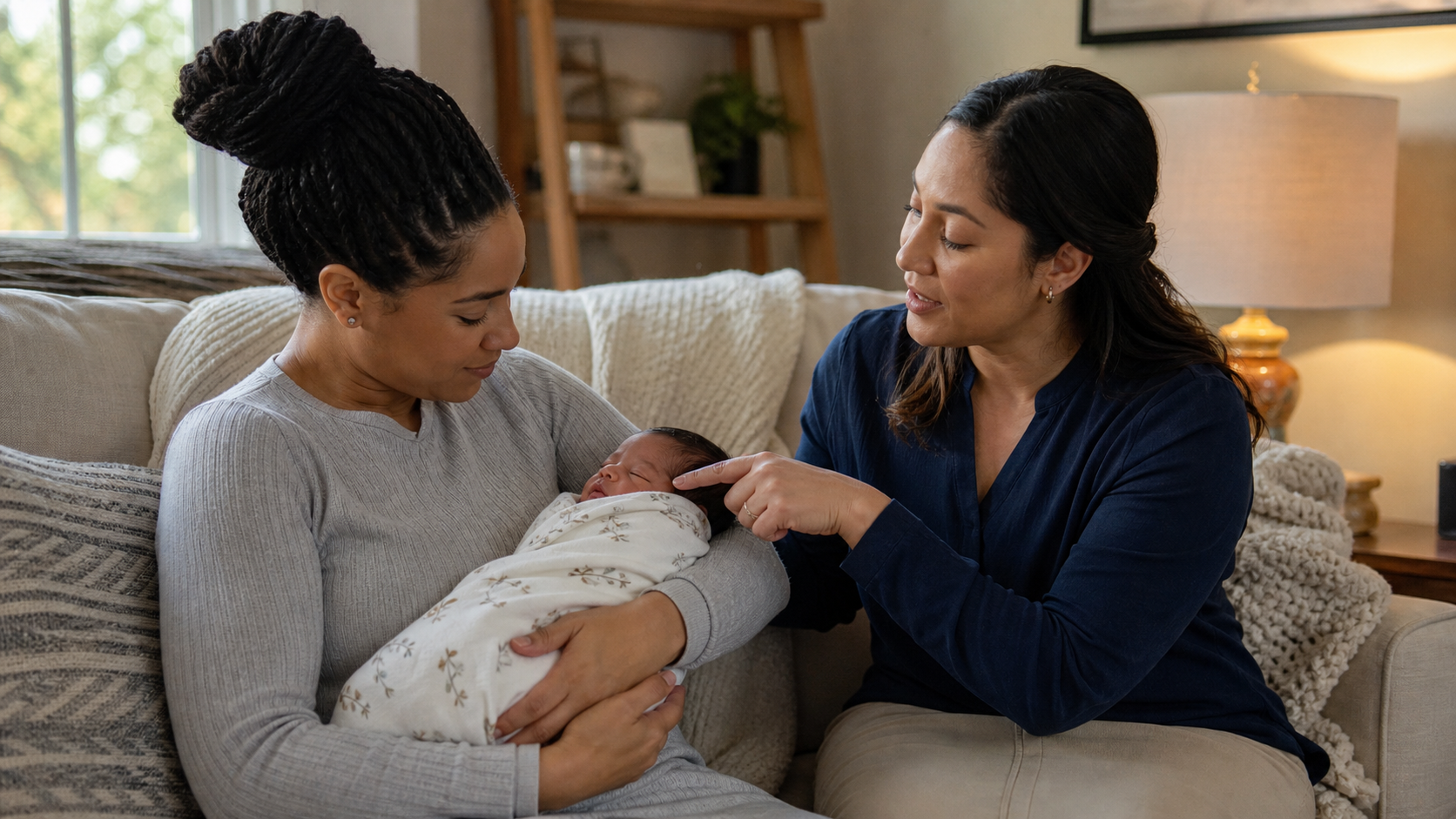 A lactation support professional sits with a parent holding a newborn at home.