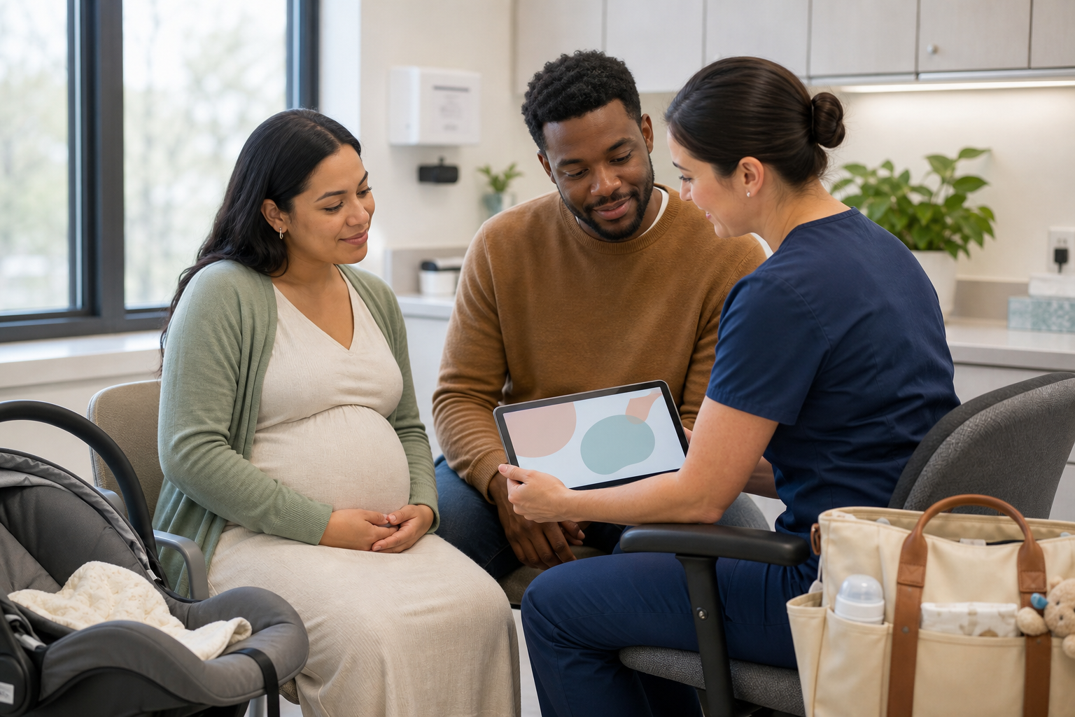 A pregnant or postpartum person meets with a clinician and support partner in a clinic room.