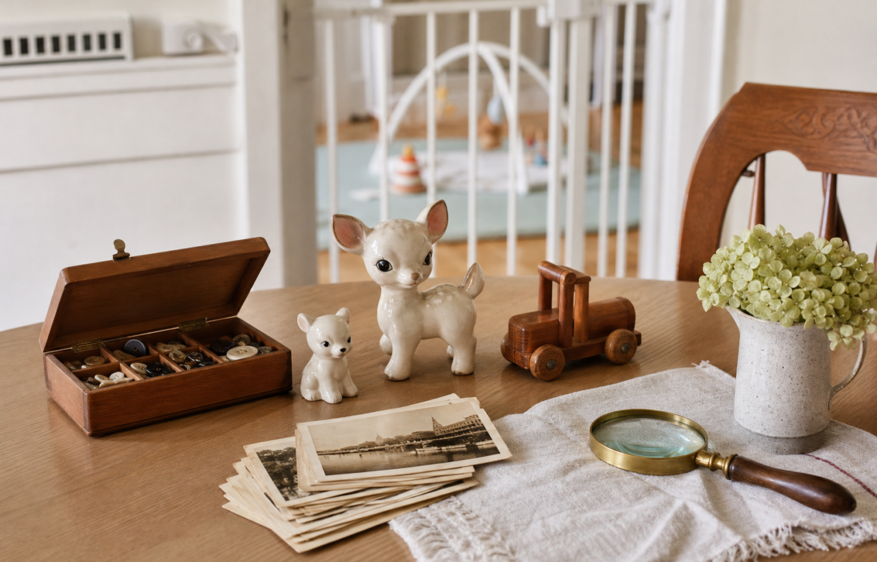 A tidy table with secondhand collectibles, a magnifying glass, and a blurred baby-safe play area in the background.