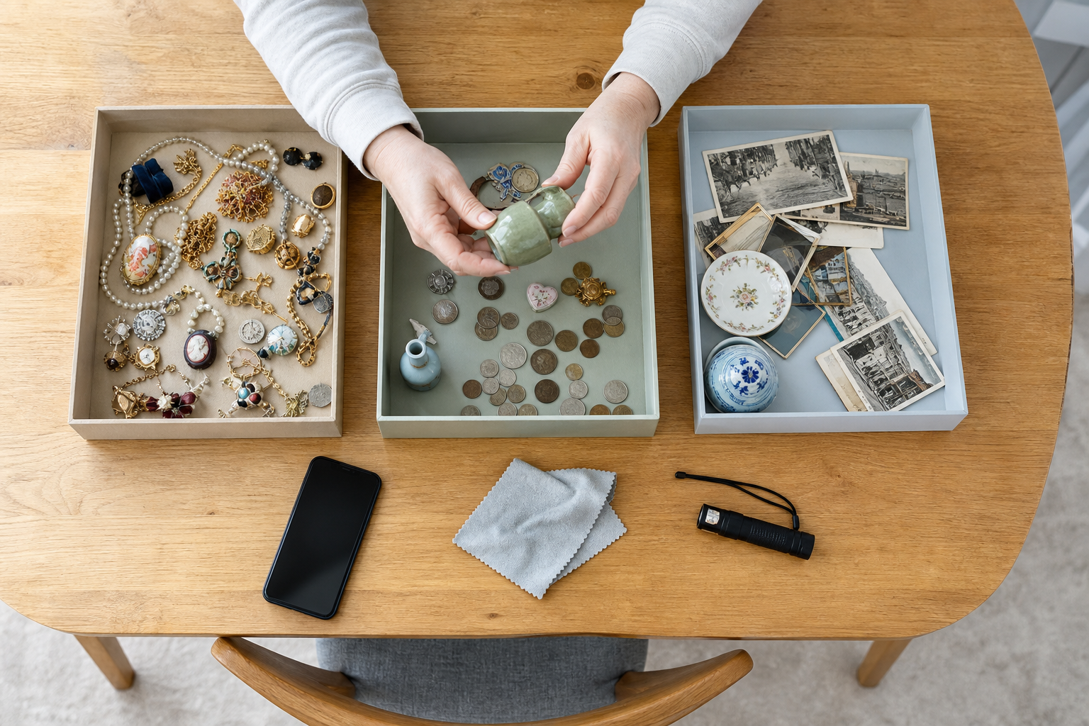 An overhead view of trays with small secondhand objects being sorted on a kitchen table.