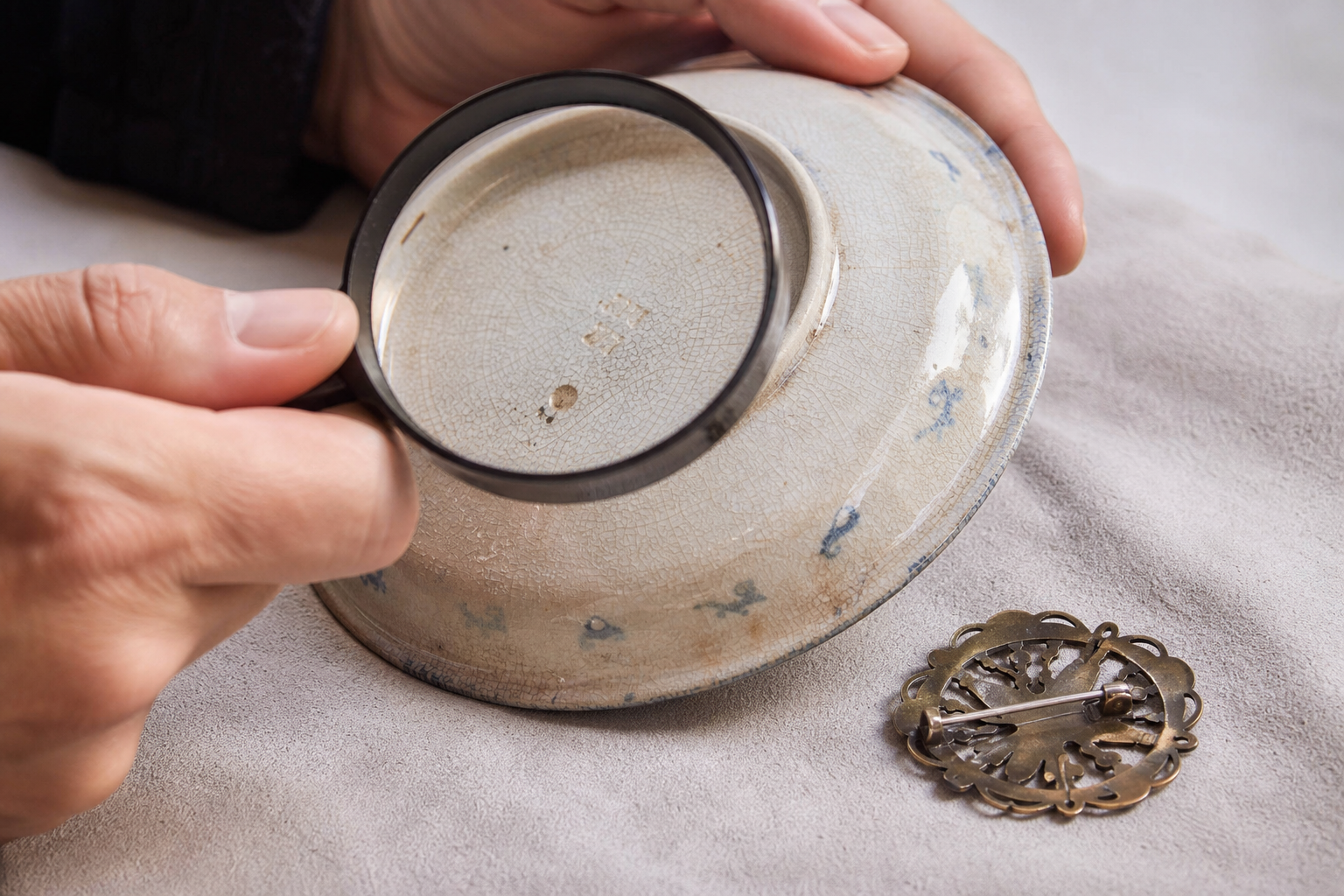 Hands use a magnifying glass to inspect small secondhand items on a soft cloth.