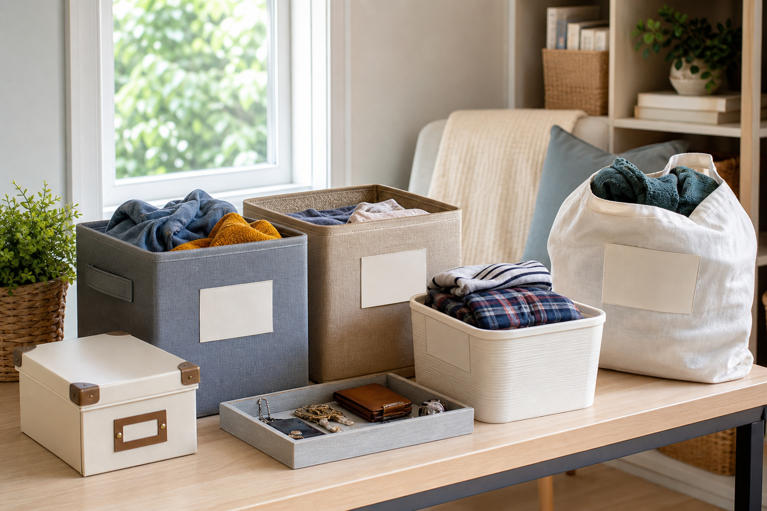 An organized decluttering station with bins, a donation bag, a keepsake box, and a review tray near a window.