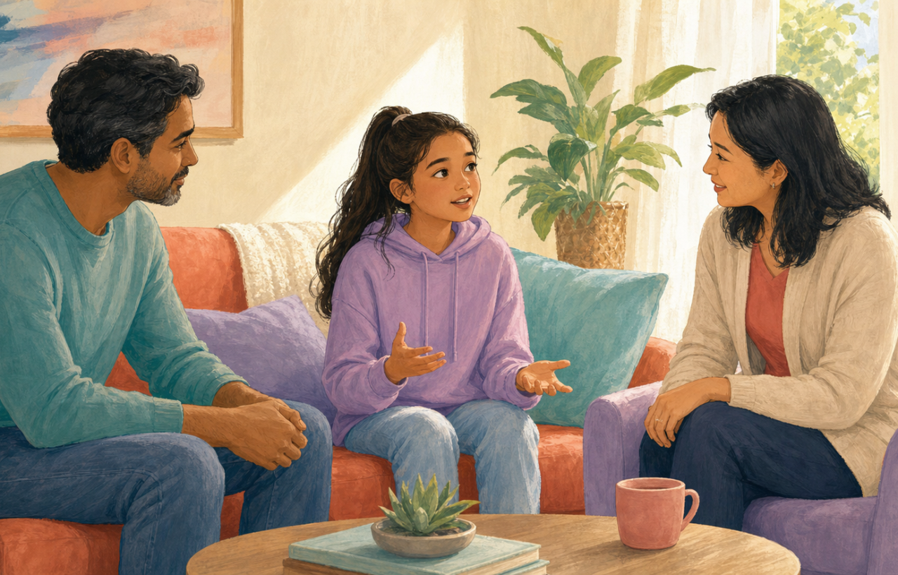A girl talks with her parent and another trusted adult as they sit together in a bright living room.