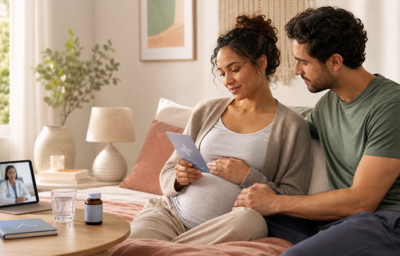 Pregnant person and supportive partner reviewing prenatal sexual health guidance during a telehealth visit