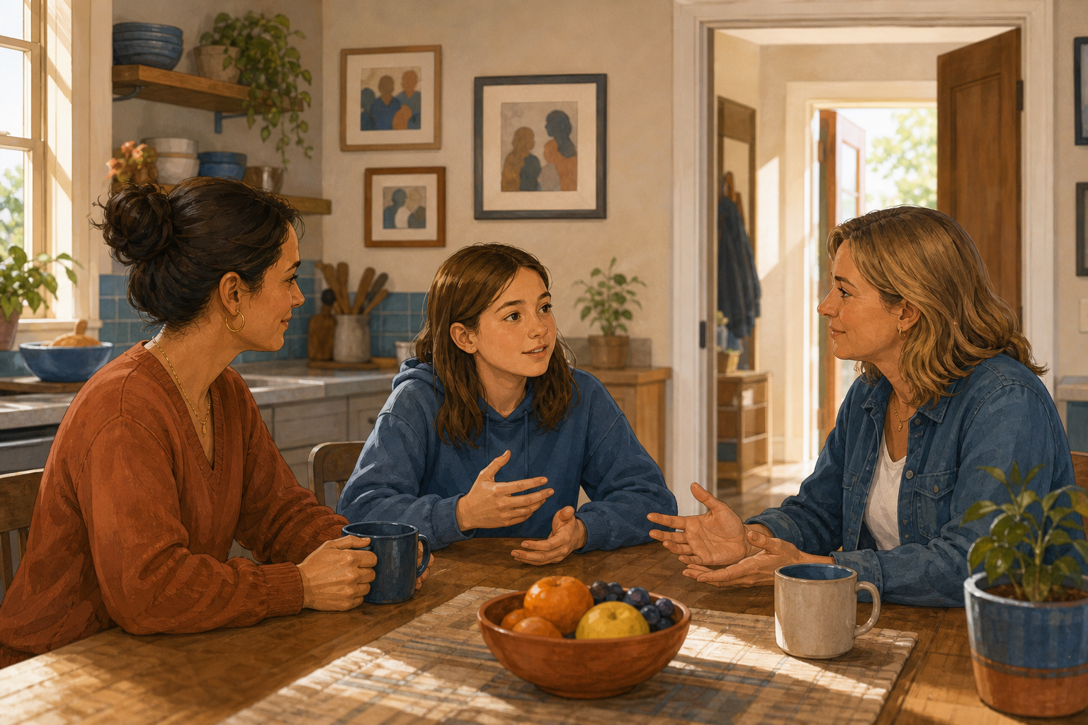 A parent, a girl, and a trusted adult have an open conversation together at a kitchen table.