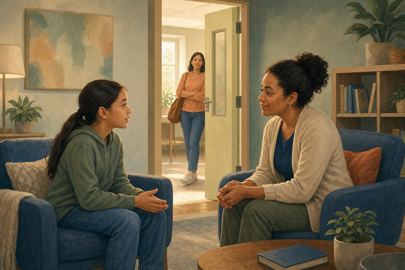 A trusted adult listens to a girl in a quiet seating area while her parent remains visible through an open doorway.
