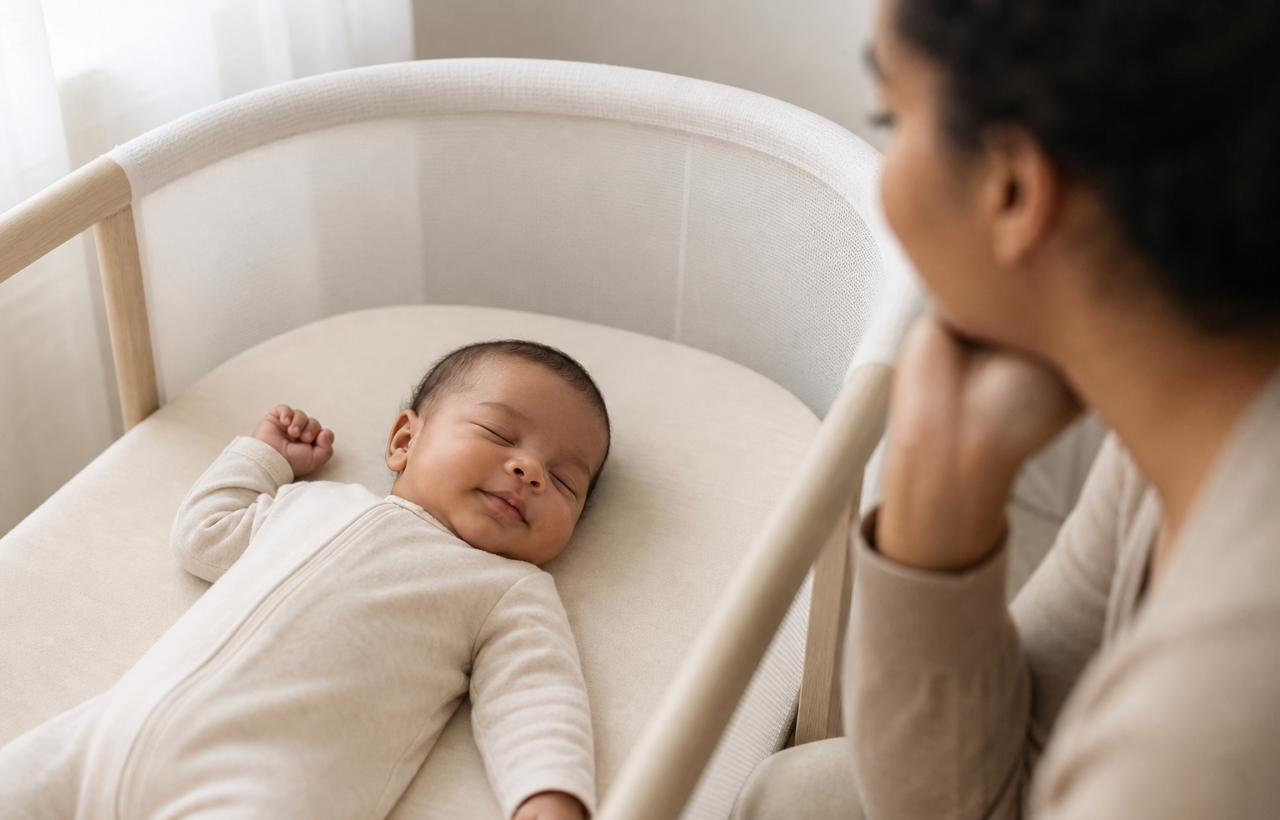 A young baby smiles faintly while sleeping on their back in a bare bassinet as a parent watches nearby.