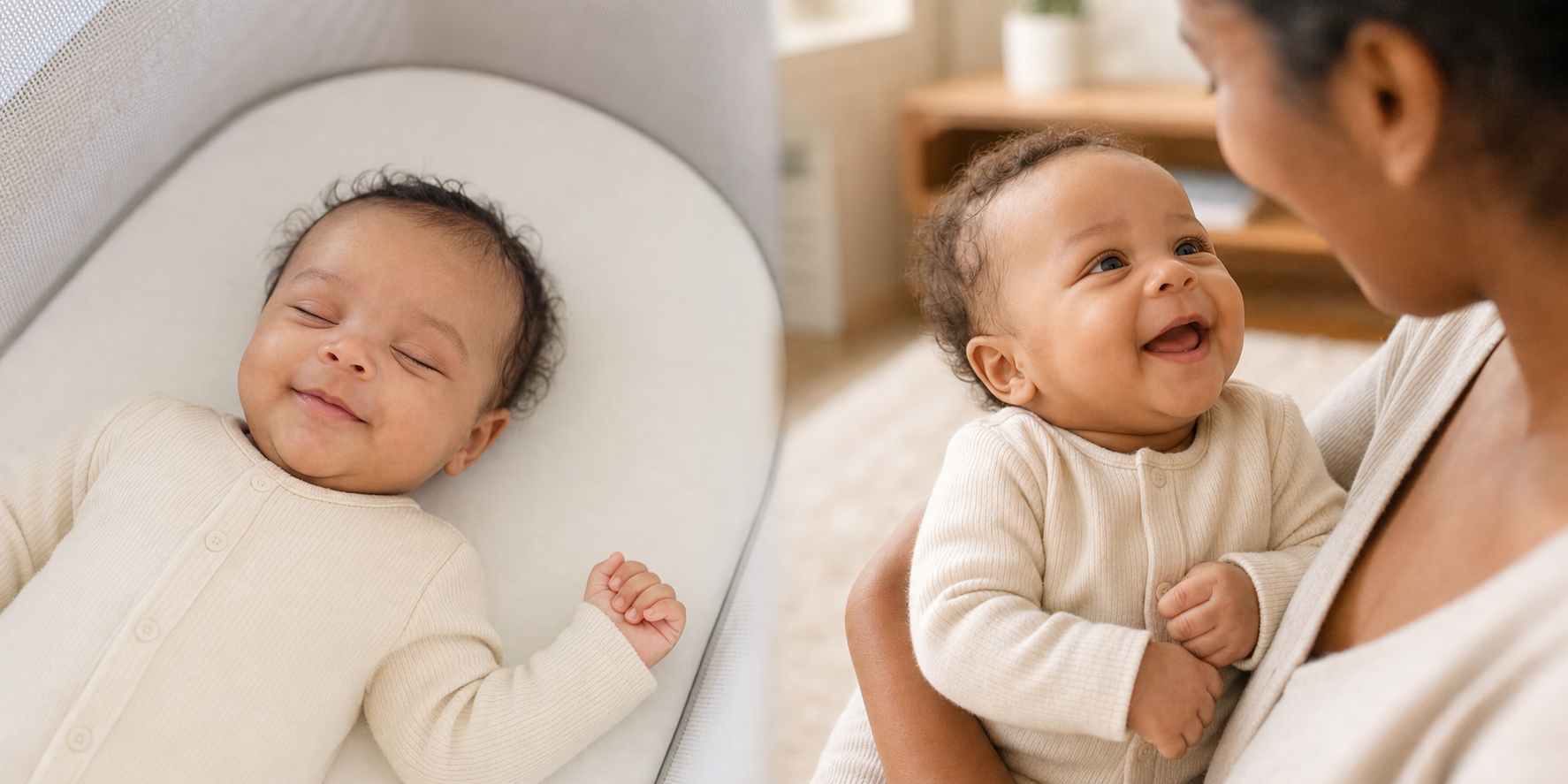 Two views of the same infant show a faint smile during sleep and a broader smile while awake and looking at a caregiver.