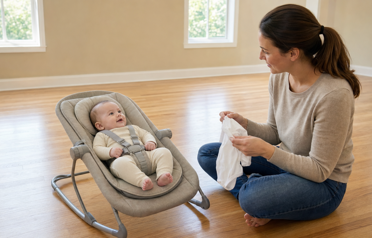 An awake baby is secured in a low rocker on the floor while a parent supervises from within arm's reach.