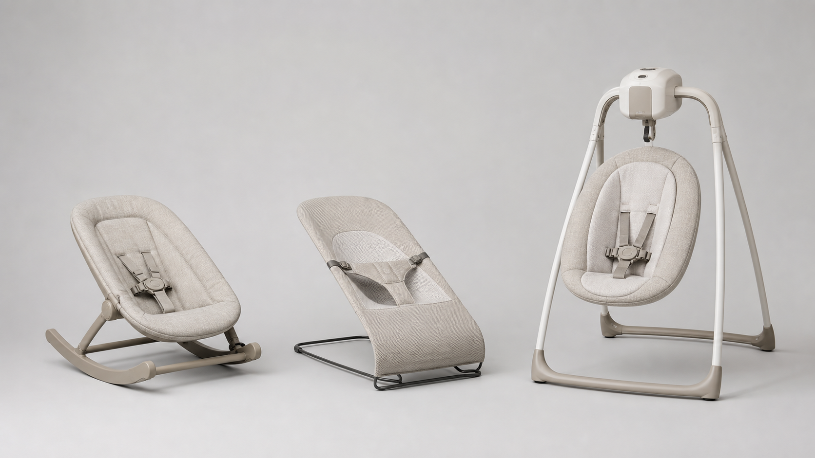 An unbranded manual rocker, flexible-frame bouncer, and freestanding baby swing are shown side by side.