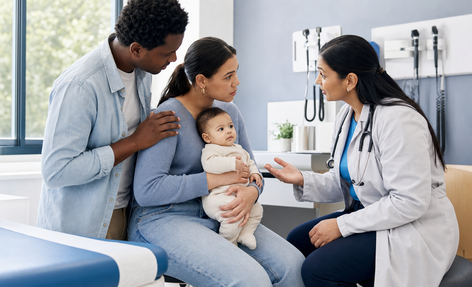 A parent holding a young infant speaks with a pediatric clinician while another caregiver offers support.