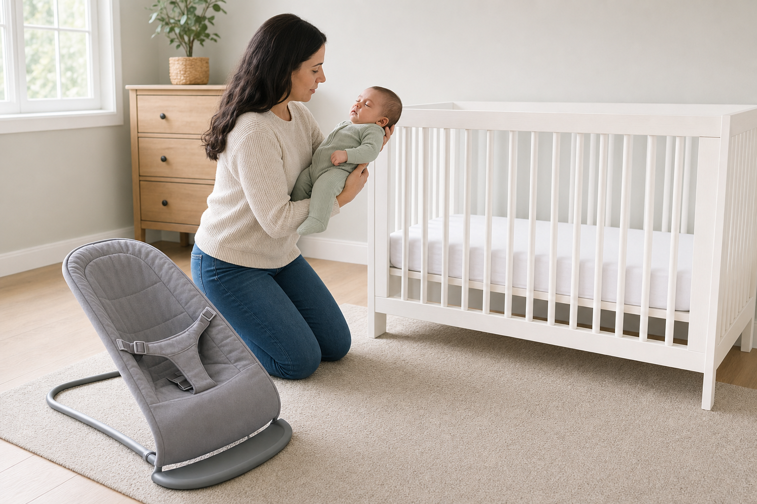 A parent lifts a sleepy baby from a floor-level rocker beside an empty crib with a firm, bare mattress.