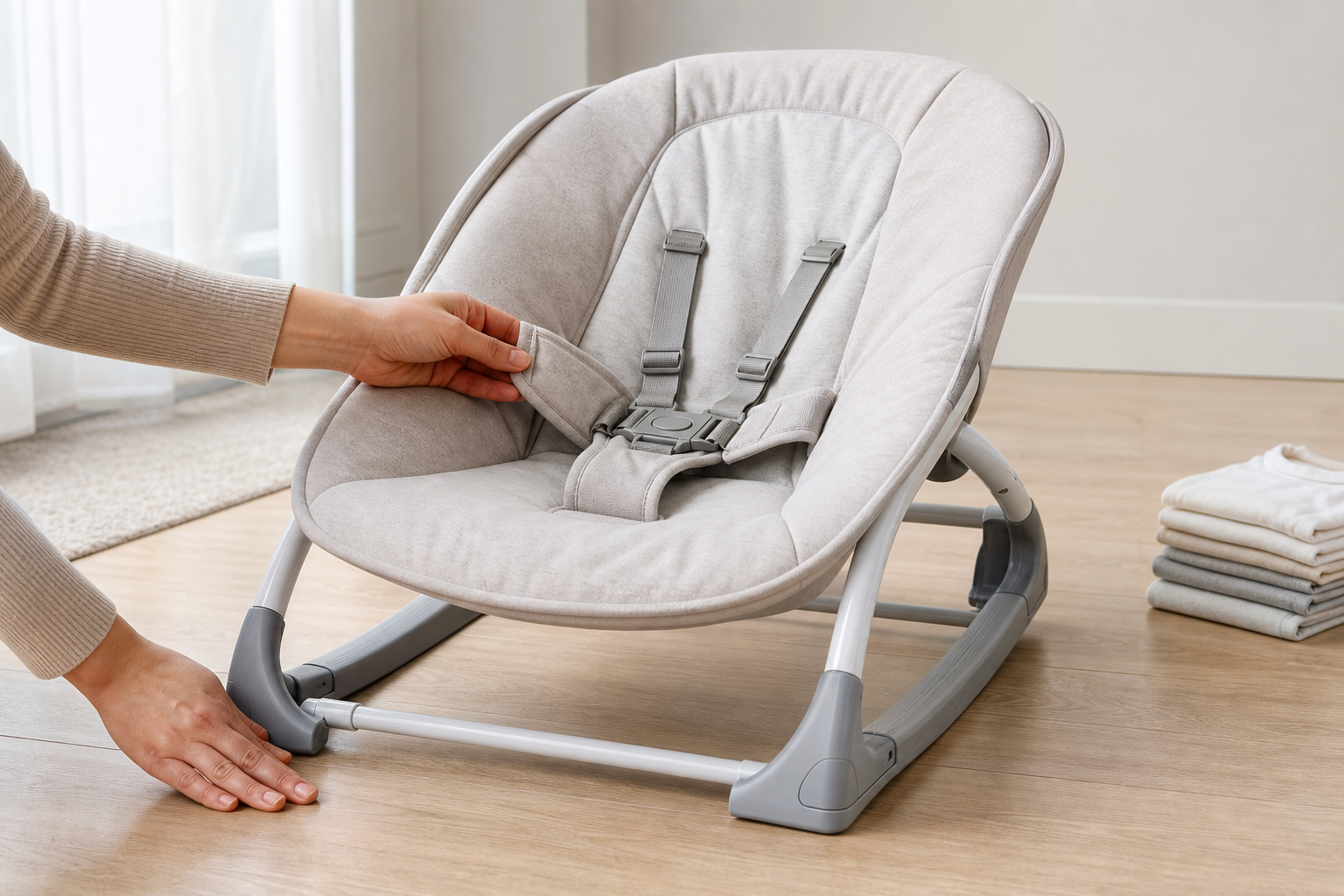 A caregiver checks the base, harness, and removable fabric cover of an empty baby rocker on a level floor.