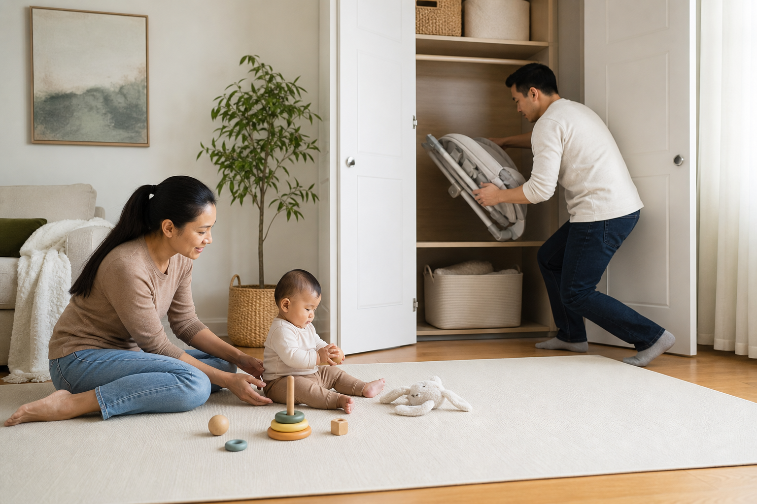 A parent puts an empty rocker into a closet while a sitting baby plays on a floor mat with another adult nearby.