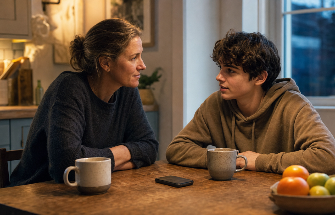 A parent and teenager talk at a kitchen table with a smartphone lying face down between them.