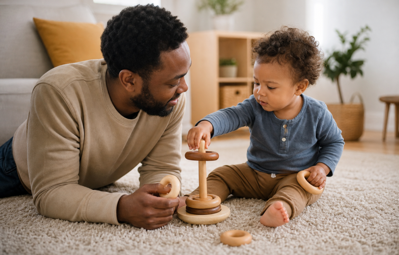 A parent and toddler sit face to face on a living-room rug and take turns placing wooden rings on a stacking post.