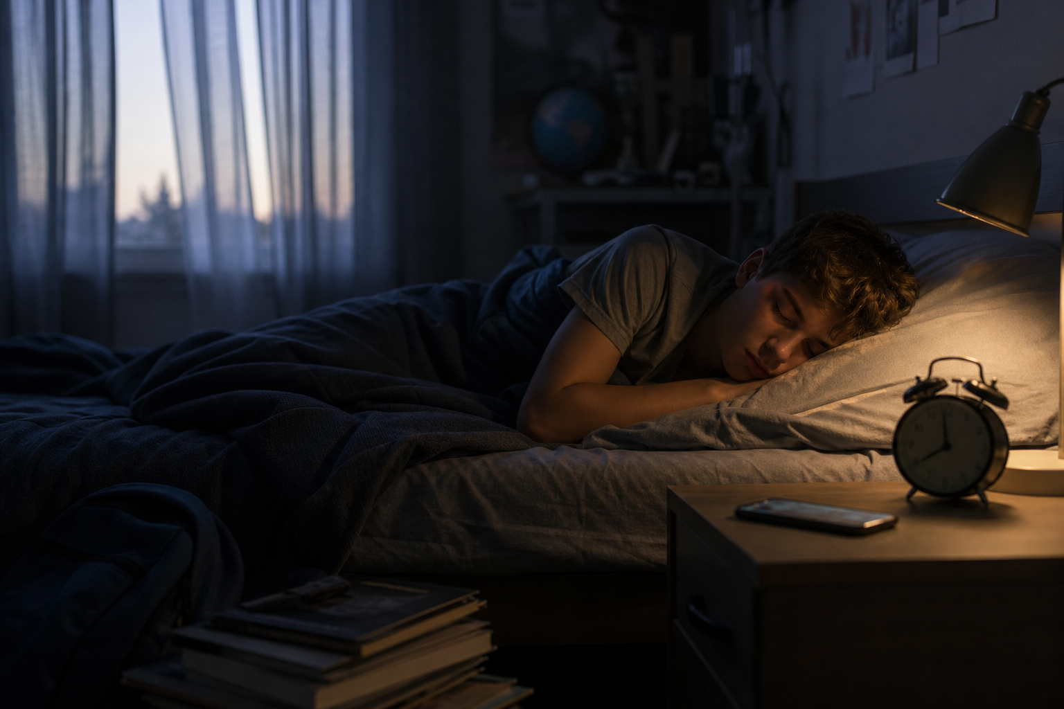 A sleeping teenager lies in bed while a smartphone rests on a bedside table in a dim room.