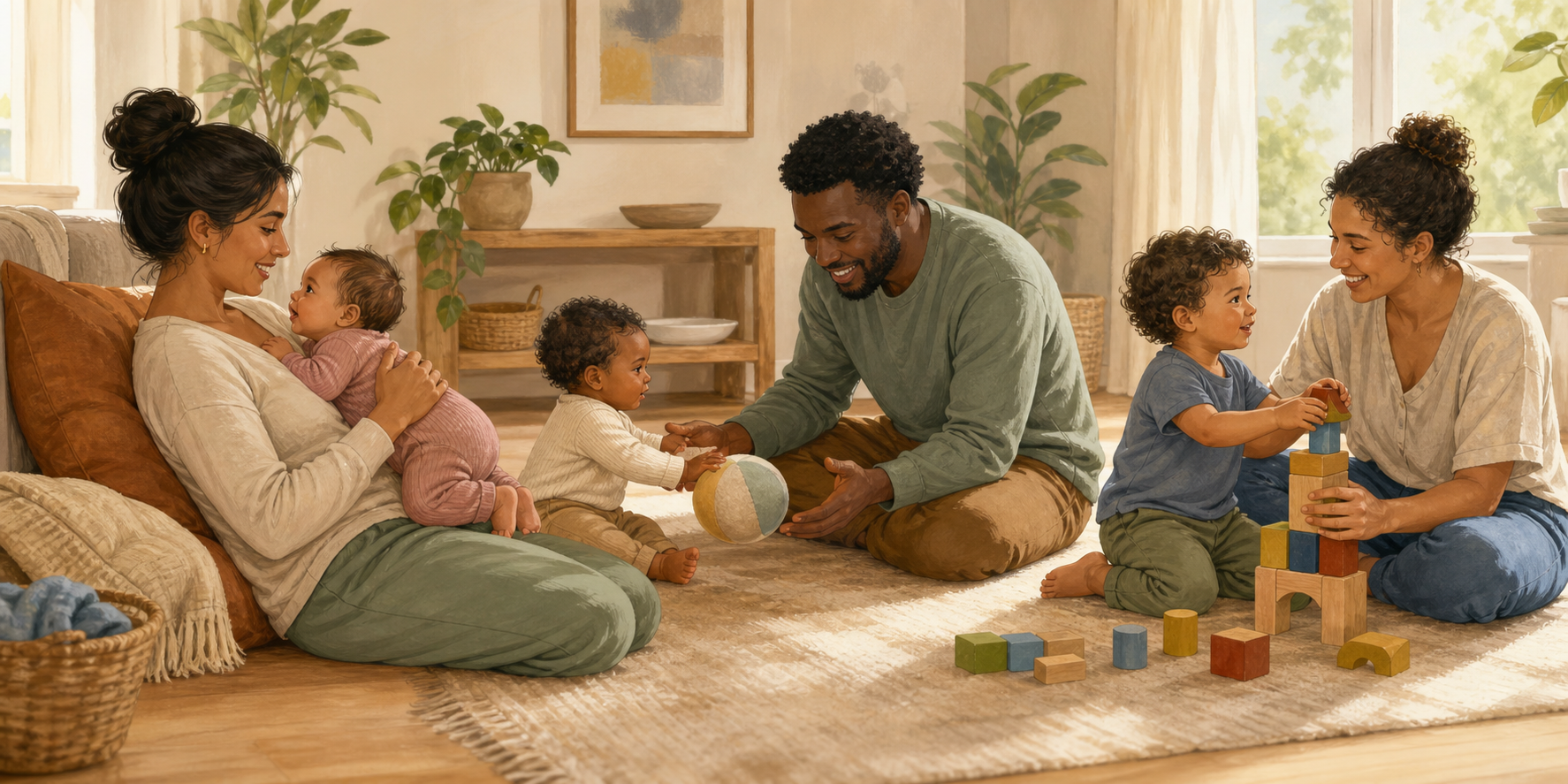 Three home scenes show a caregiver engaging with a young baby, rolling a ball with an older baby, and building blocks with a toddler.