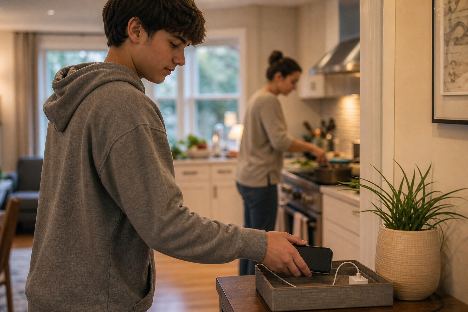 A teenager places a smartphone in a charging tray while a parent prepares dinner nearby.