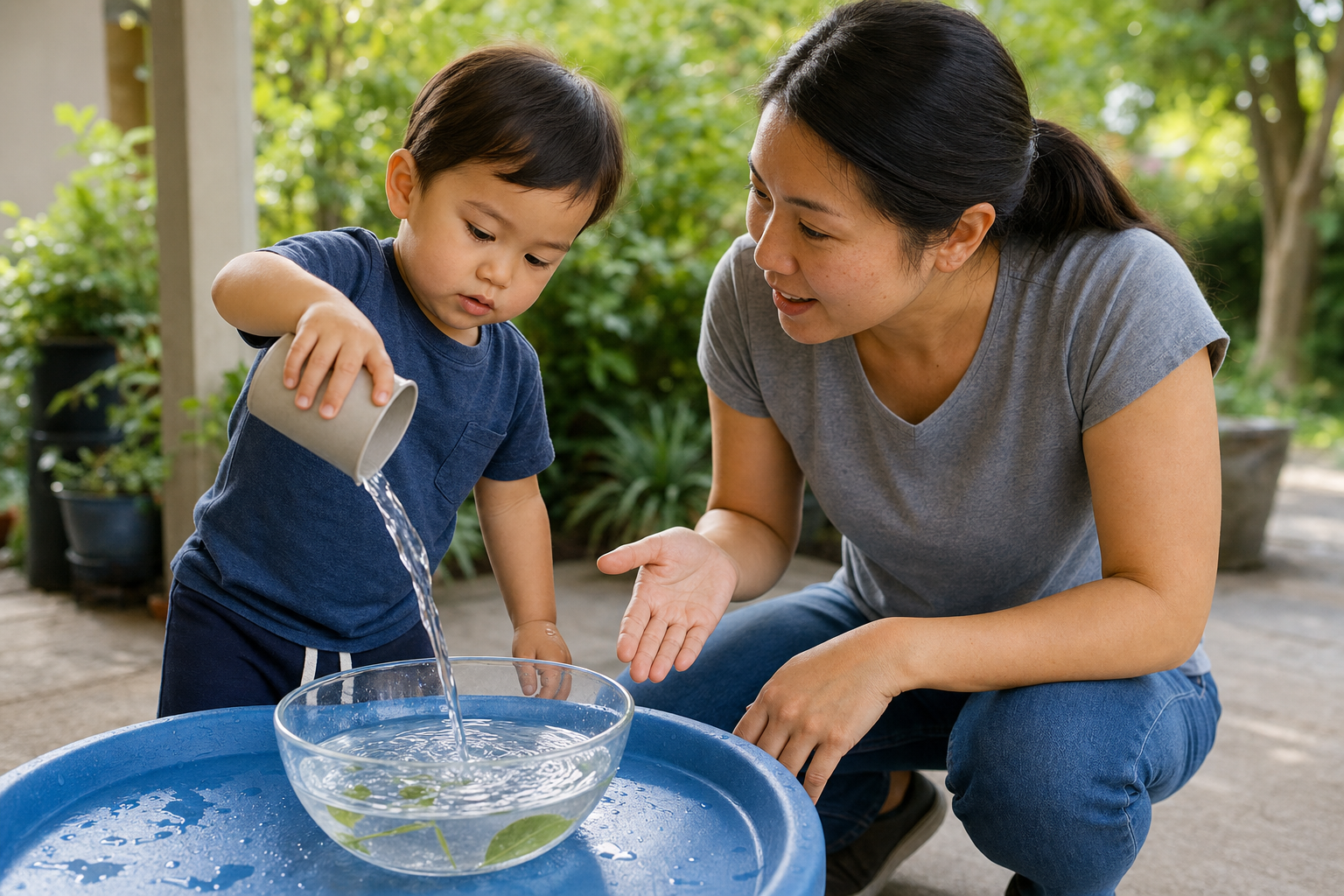A caregiver supervises a clothed toddler pouring water between containers at a low outdoor water table.