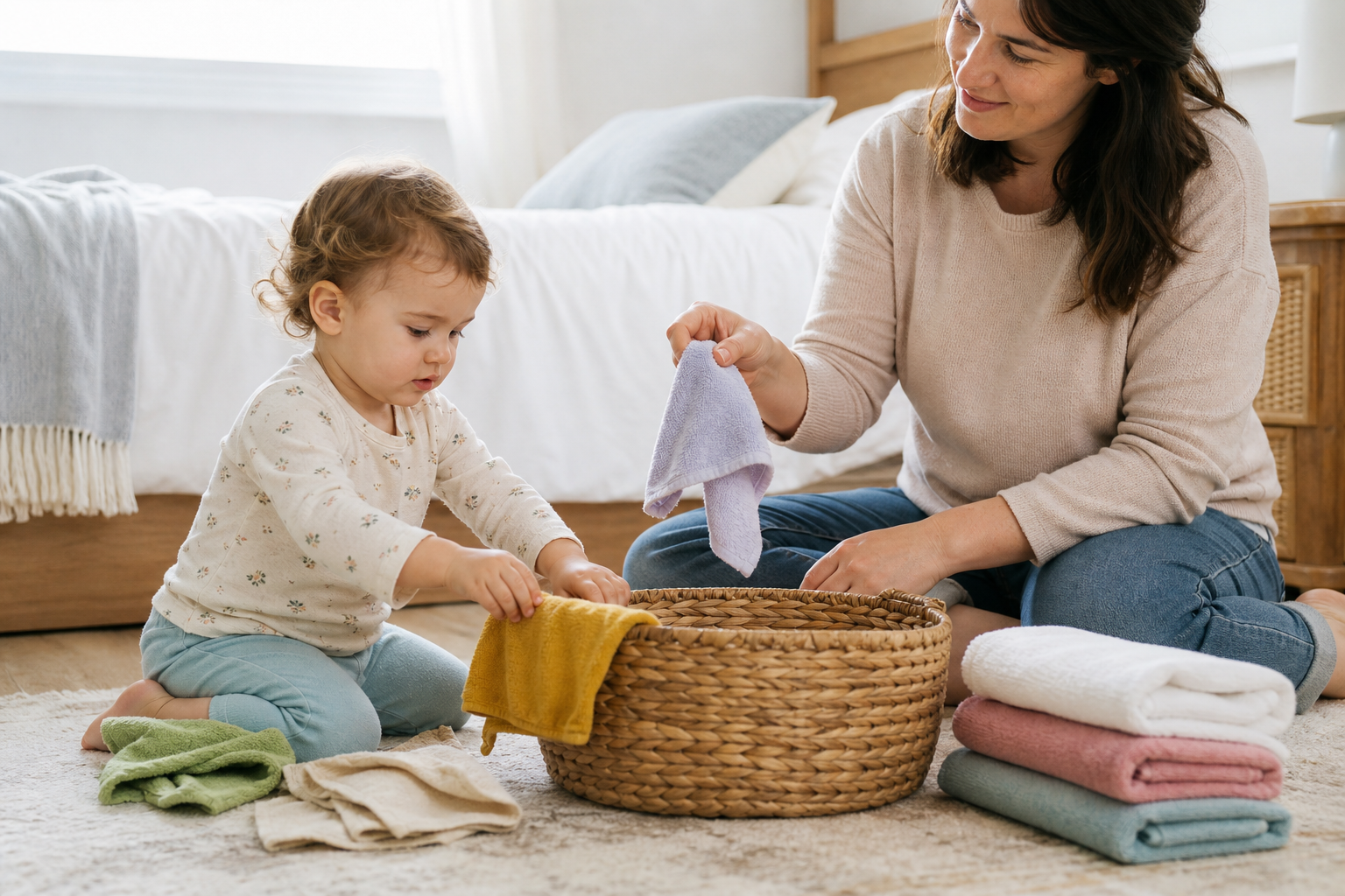 A parent follows a toddler's lead as the child plays with washcloths and a laundry basket during an everyday routine.