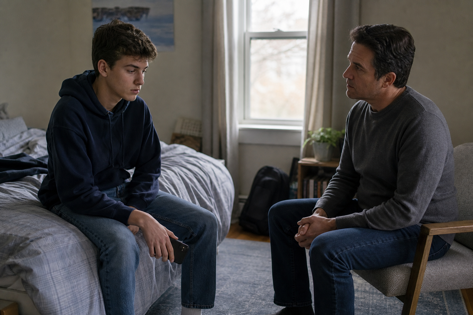 A parent sits supportively near a withdrawn teenager who is holding an inactive smartphone at their side.