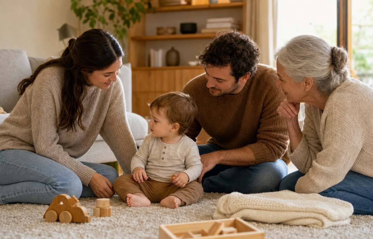 Two caregivers, a toddler, and a grandparent sit together on a living room rug and share an attentive conversation.
