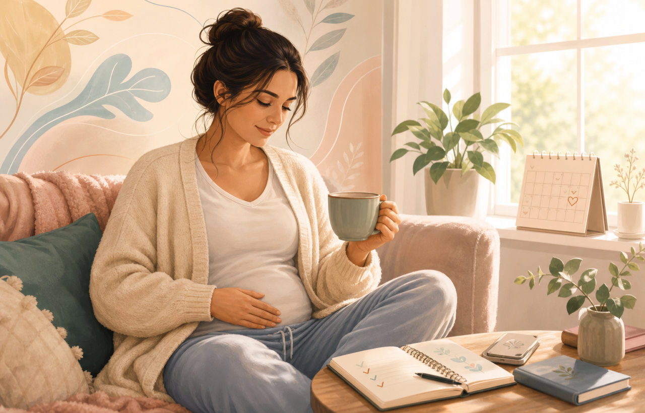 Pregnant person relaxing by a sunny window with tea, journal, plants, and a calendar in a calm home setting.