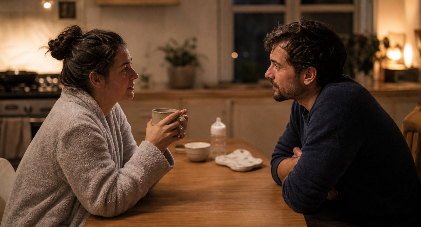 Two parents sit face to face at a kitchen table in the evening, talking while one holds a mug.