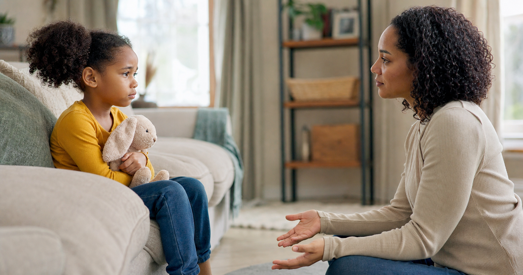 A caregiver kneels at eye level and listens calmly to a young child holding a plush rabbit on a sofa.