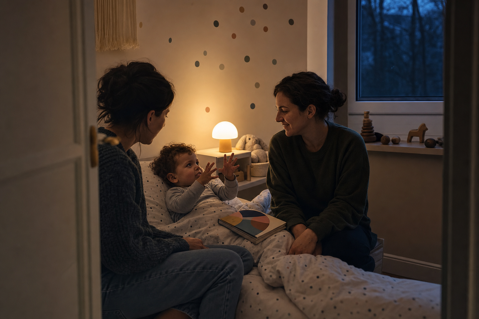 Two caregivers listen to a toddler gesturing during a softly lit bedtime routine.