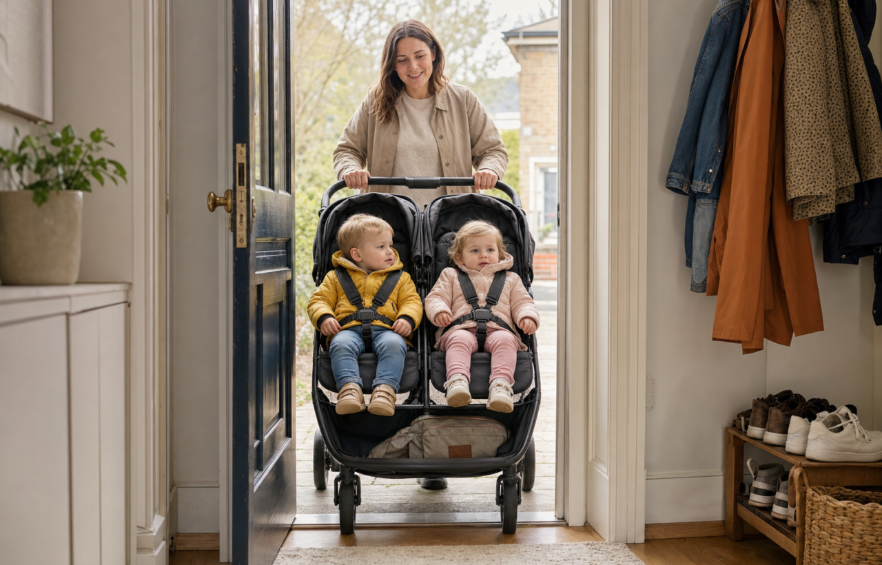 A caregiver steers a double pushchair carrying two young children through an open home doorway.