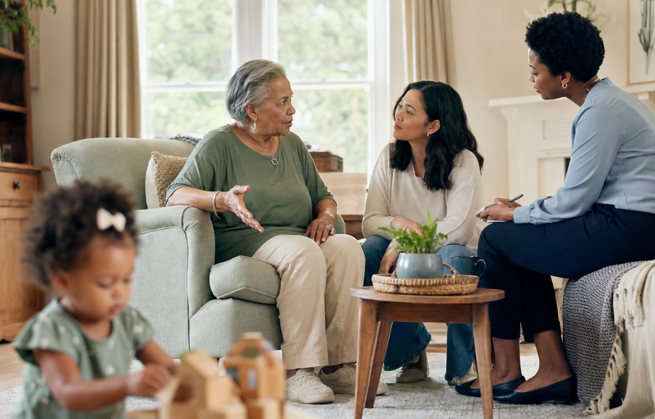 An older woman, her adult daughter, and an in-home caregiver talk together while a toddler plays in the living room.