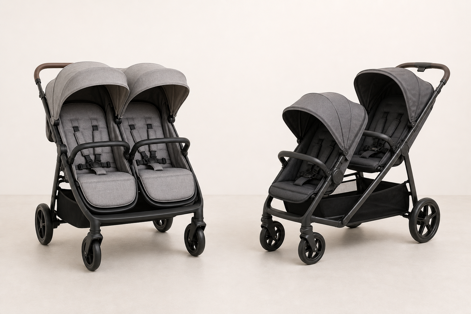 Side-by-side and tandem double pushchairs displayed next to each other in a neutral studio.